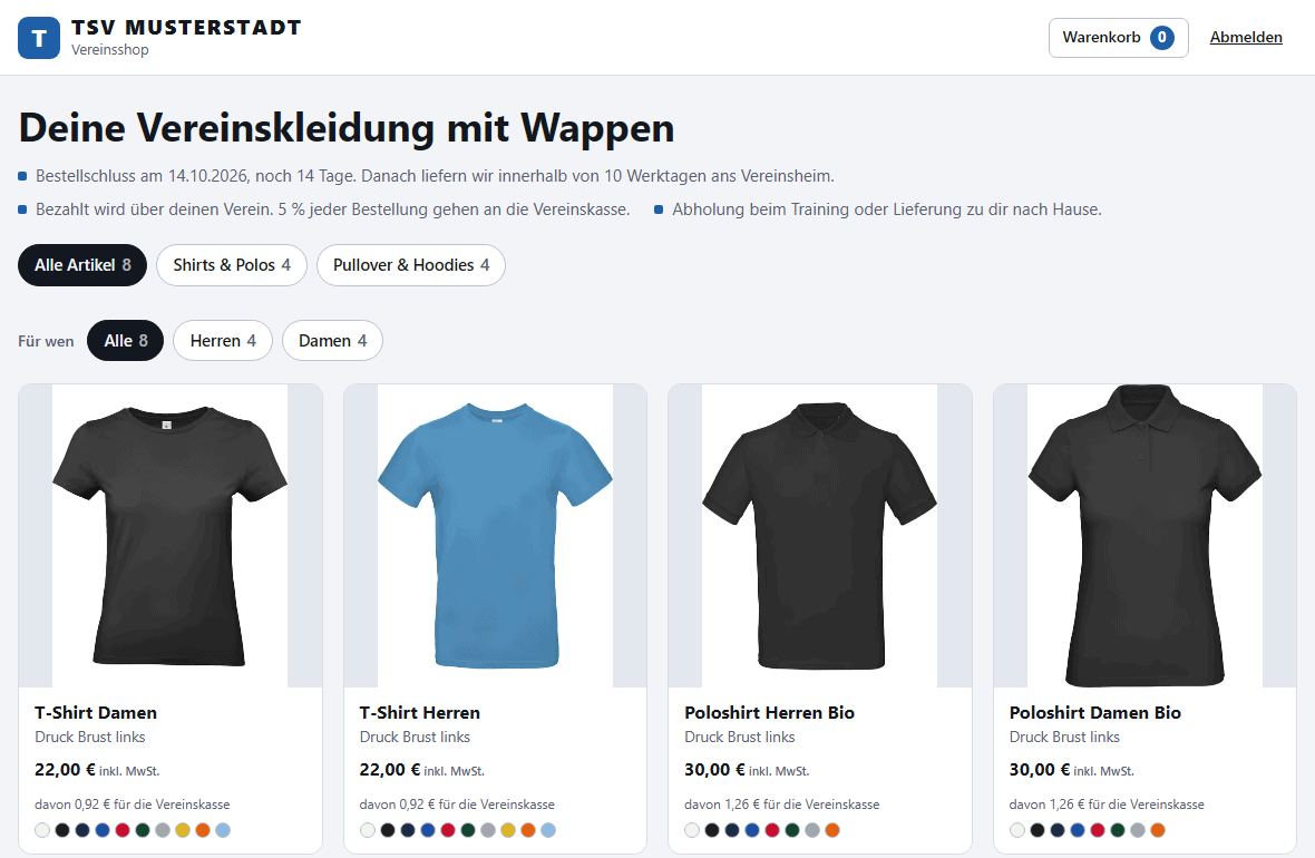 Vereinsshop des Beispielvereins TSV Musterstadt mit Bestellschluss, Artikeln und Anteil für die Vereinskasse
