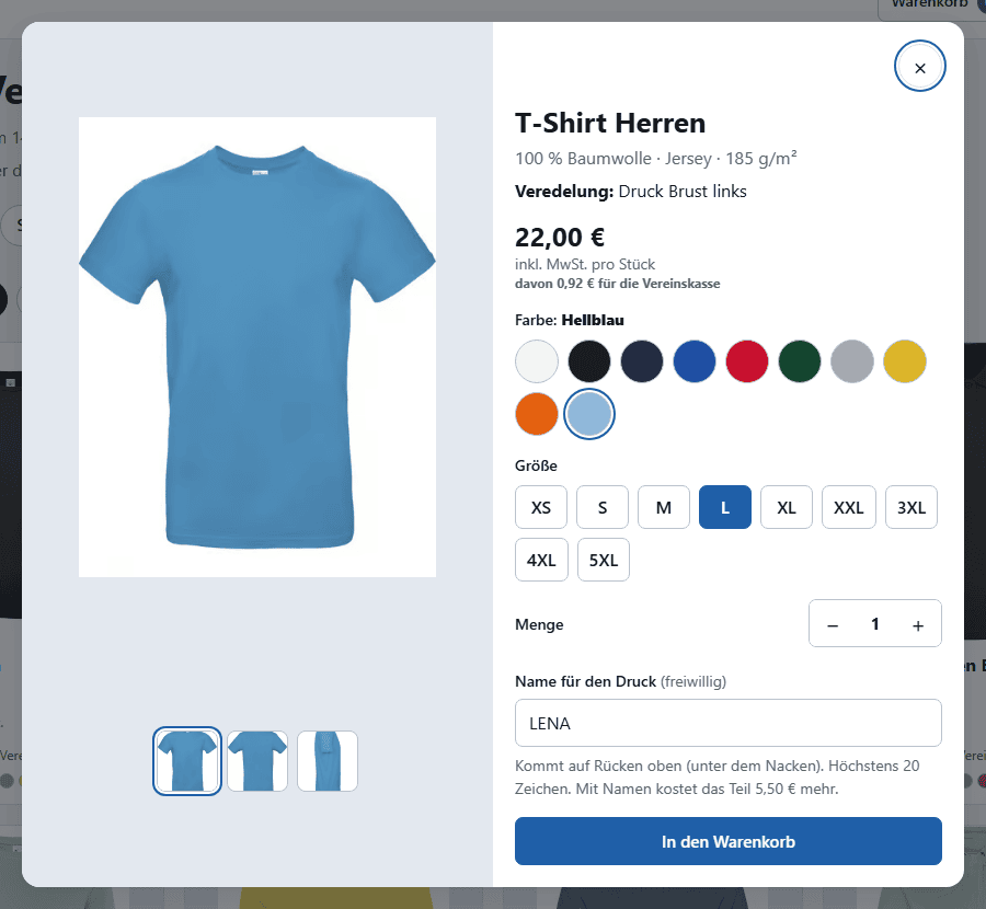Artikelfenster im Vereinsshop mit Farbe, Größe, Anteil für die Vereinskasse und Feld für den Namen