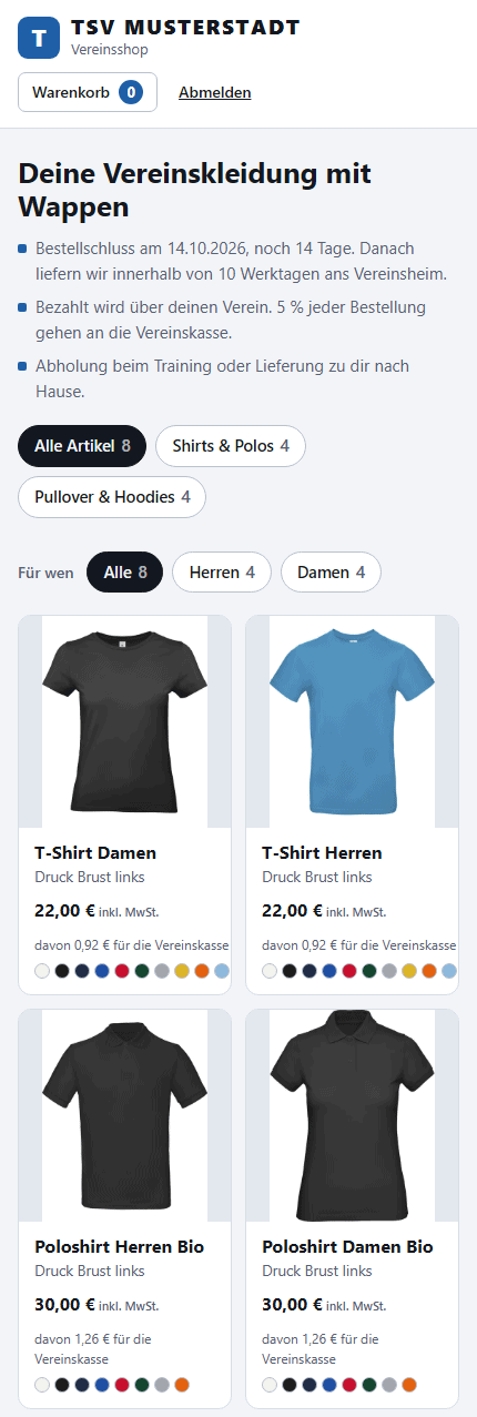 Vereinsshop des Beispielvereins TSV Musterstadt auf dem Handy, mit Bestellschluss und ersten Artikeln