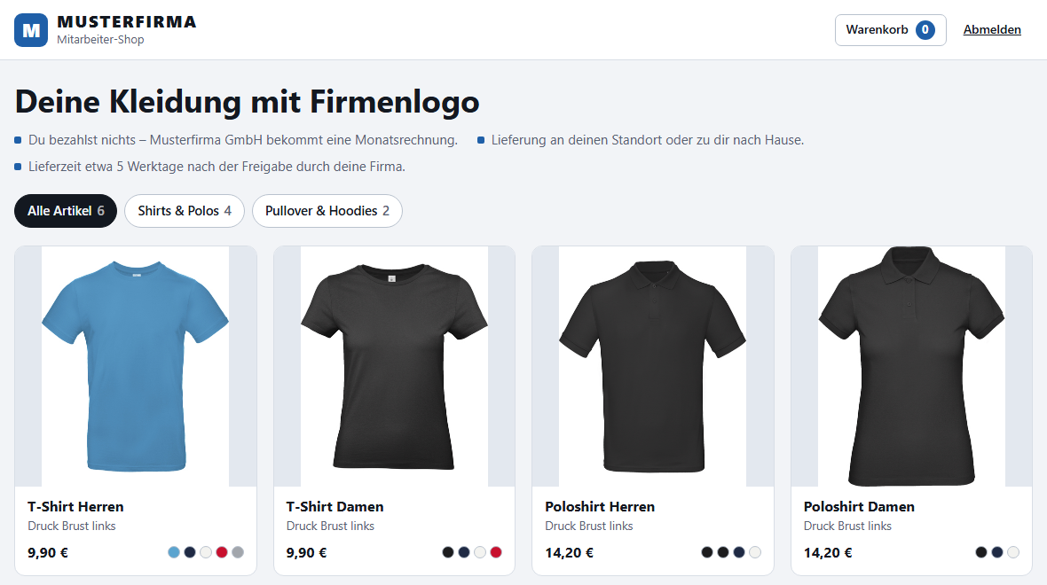 Mitarbeiter-Shop einer Beispielfirma mit sechs Artikeln, Preisen und Farbauswahl