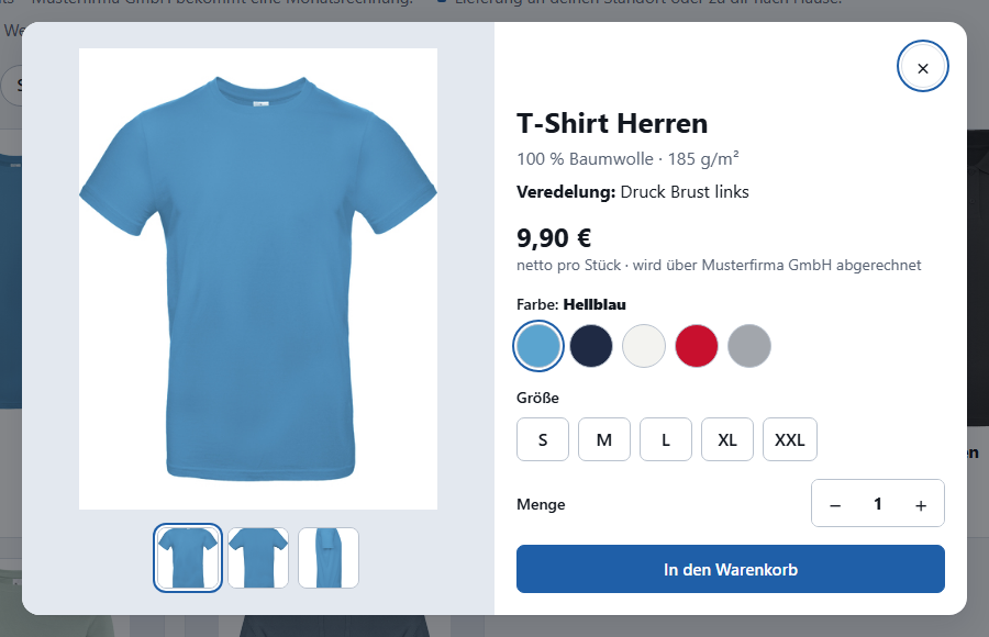 Artikelfenster mit Fotos, Farbauswahl, Größen und Menge